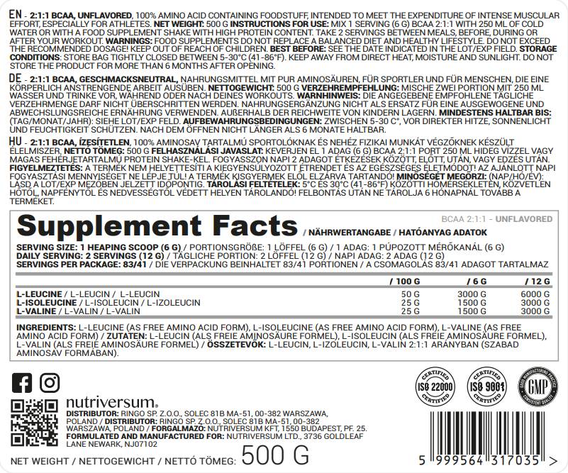 BCAA 2:1:1 Pulver – 500 Gramm