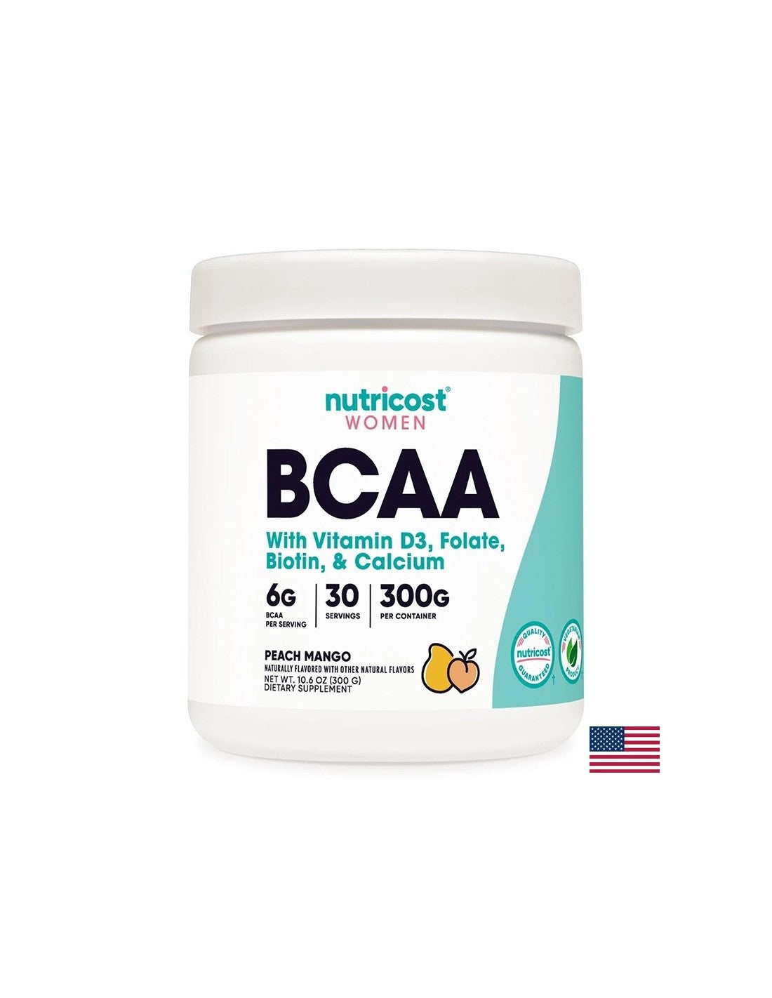 Verzweigtkettige Aminosäuren BCAA + Vitamin D3, Folsäure, Biotin, Kalzium (für Frauen), 300 g Pulver mit Mangogeschmack