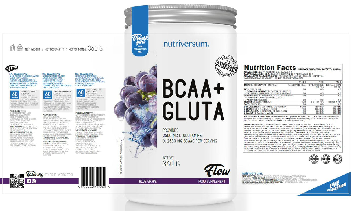 BCAA + Gluta-Pulver | Durchfluss - 360 Gramm