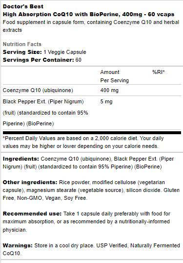 BESTES CoQ10 mit Bioperine 400 mg – 60 Kapseln