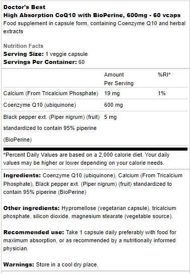 BESTES CoQ10 mit Bioperine 600 mg – 60 Kapseln