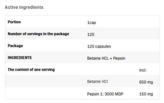 Betain Hcl 650 mg + Pepsin – 120 Kapseln
