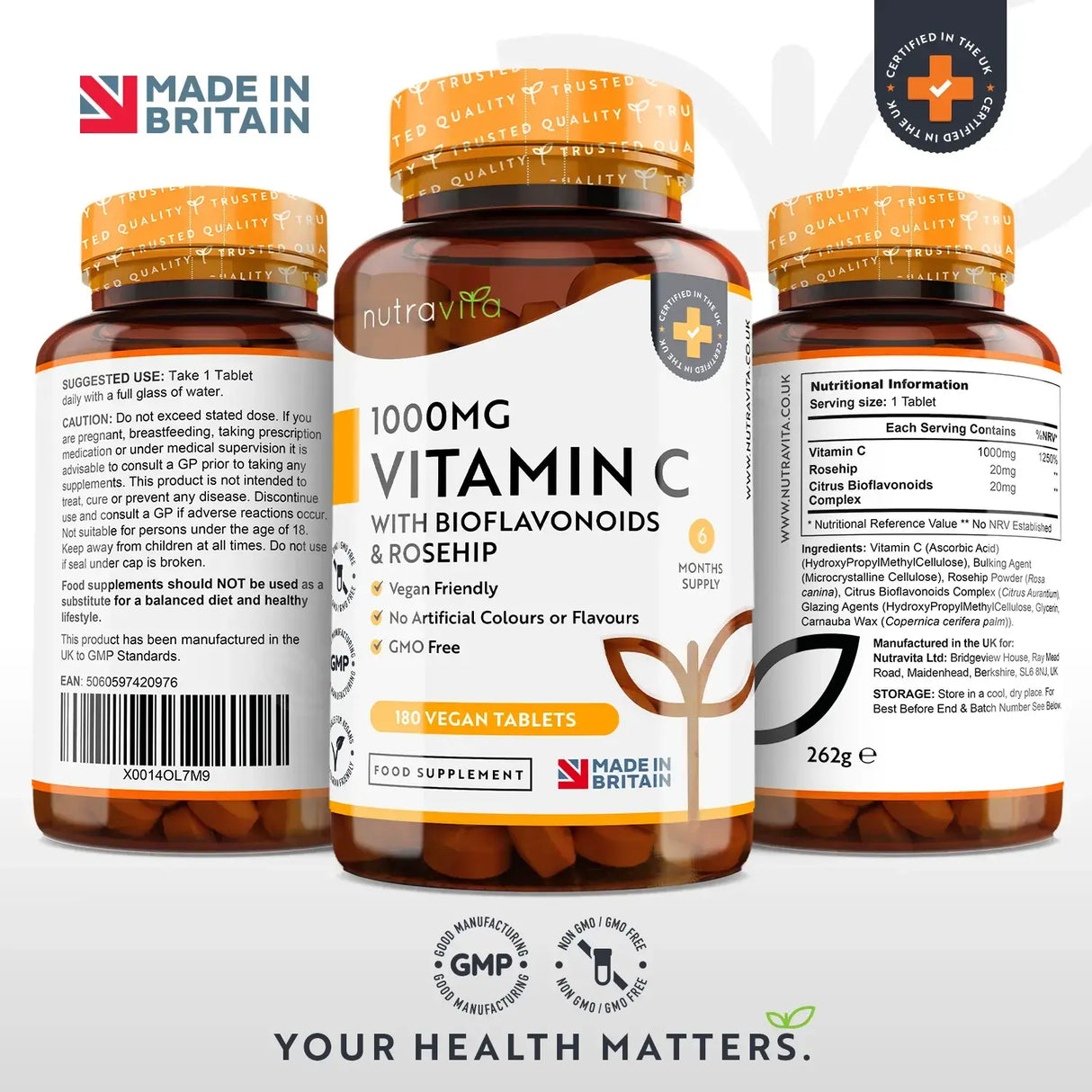 Vitamin C 1000 mg mit Bioflavonoiden und Hagebutte 180 <tc>Nutravita</tc> Tabletten
