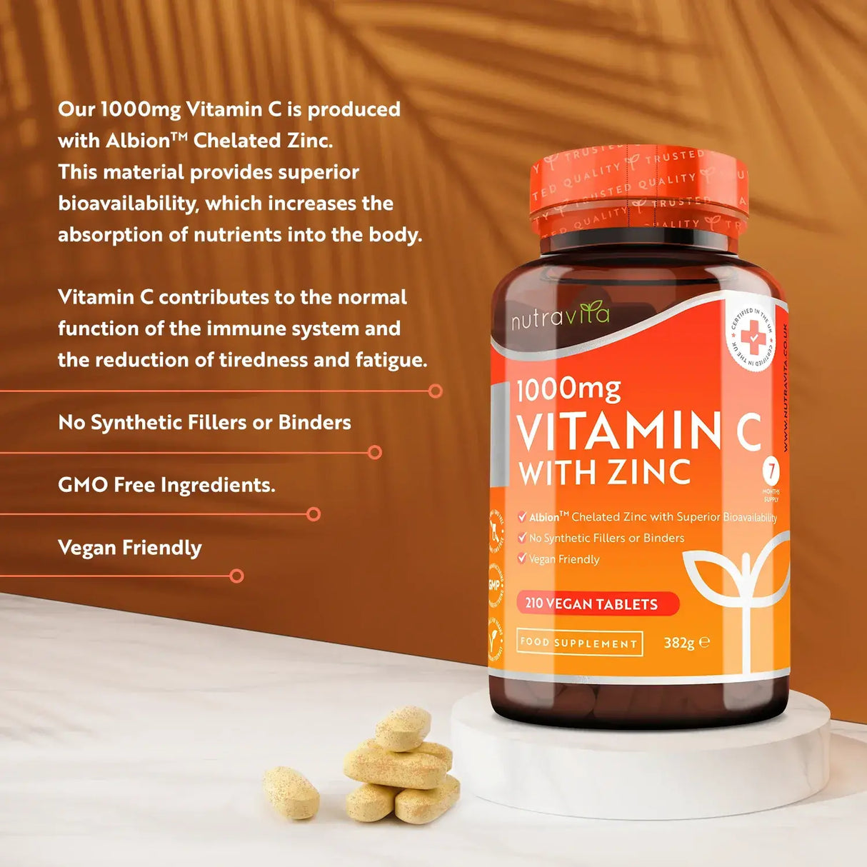 Vitamin C 1000 mg mit Zink (Albion® Zink) 15 mg, 210 Tabletten <tc>Nutravita</tc>
