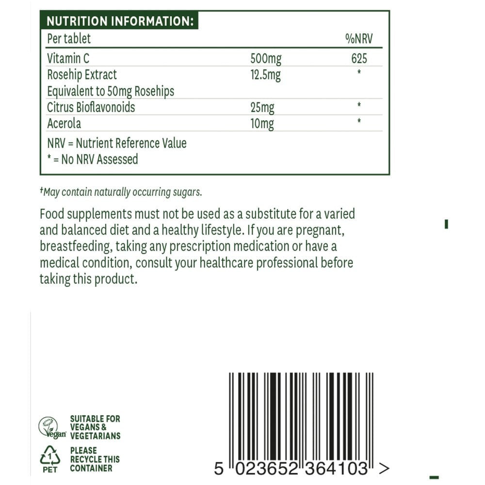 Vitamin C mit Hagebutten, Bioflavonoiden und Acerola (Vitamin C Kautabletten) 500 mg 50 Kautabletten NaturesAid