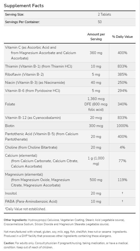 Cal-Mag mit B-Komplex und Vitamin C | Stressformel – 100 Tabletten