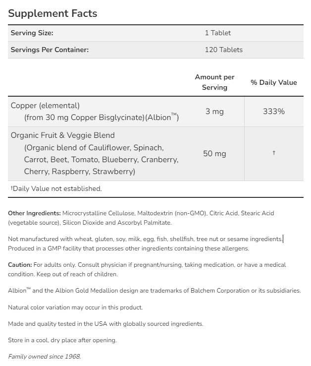 Kupferglycinat 3 mg | Albion™ Kupferbisglycinat – 120 Tabletten
