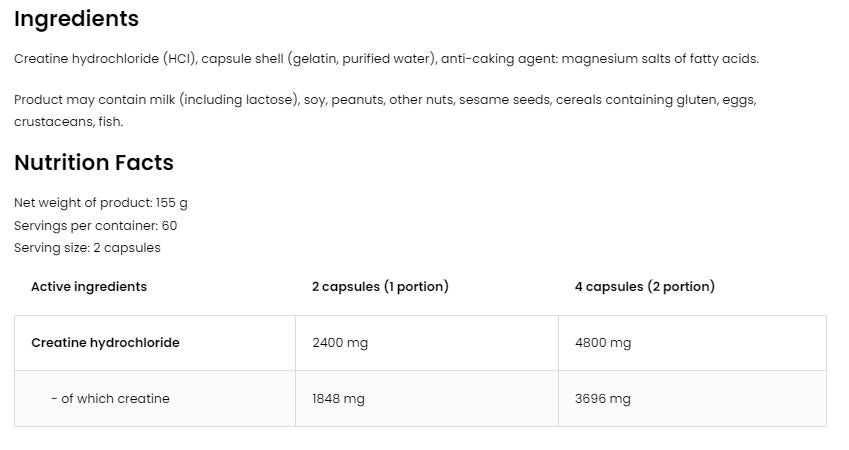 Kreatin HCL 2400/Kreatinhydrochlorid – 120 Kapseln