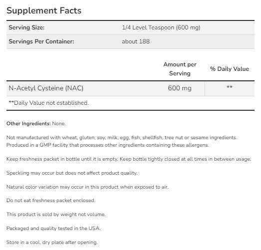 NAC Pure Pulver | N-Acetyl-Cystein [113 Gramm, 188 Portionen]