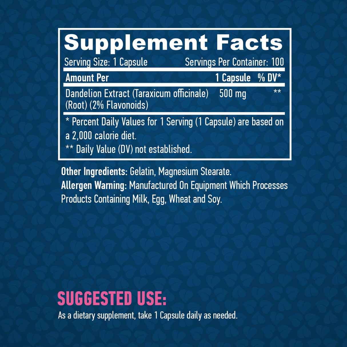 Löwenzahnwurzelextrakt (2% Flavonoide) 500mg/100 Kapseln.