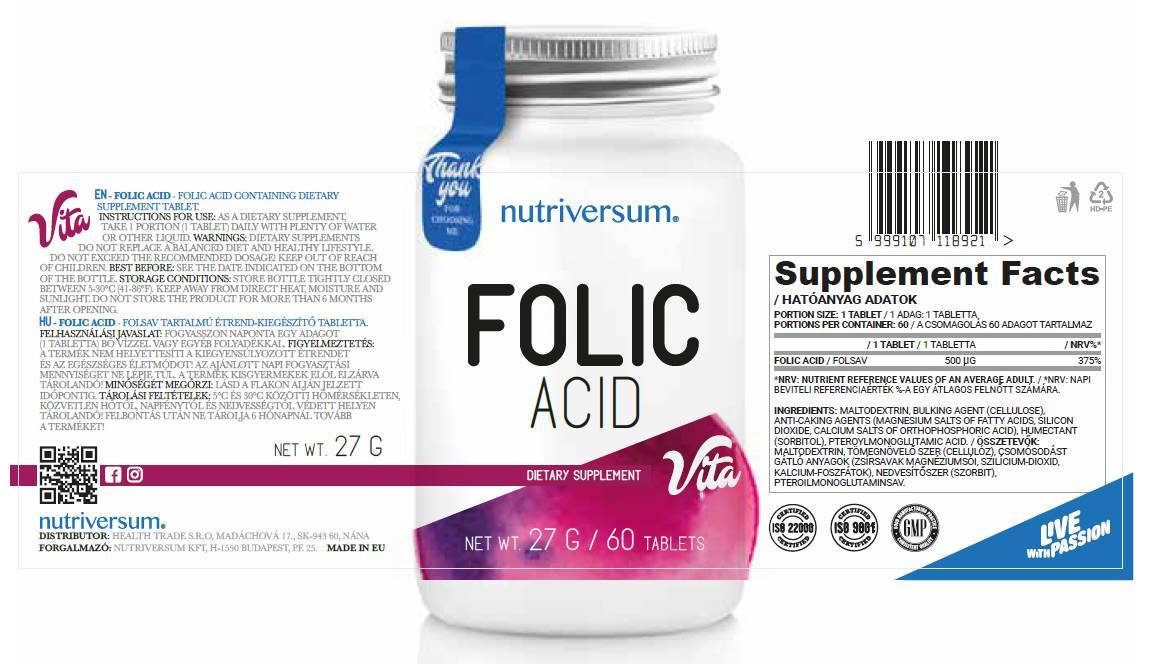 Folsäure 500 µg – 30 Tabletten