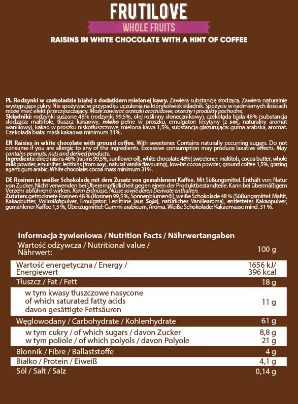 FrutiLove | Rosinen in weißer Schokolade und Kaffee 300 Gramm