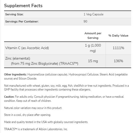 C-1000 Zink Immune | Vitamin C + Zink Bisglycinat - 90 Kapseln