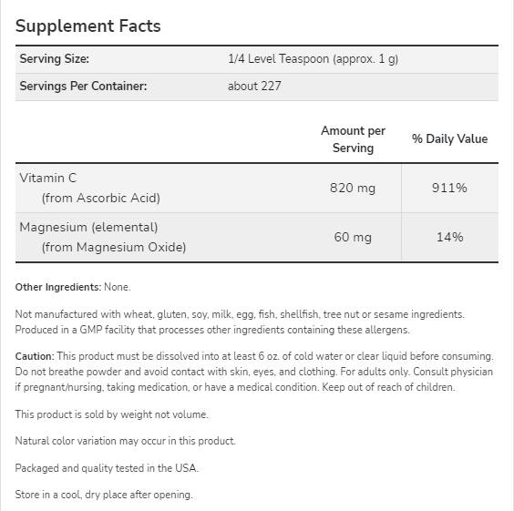 Magnesiumascorbat-Pulver | Reines, gepuffertes Vitamin C – 227 Gramm