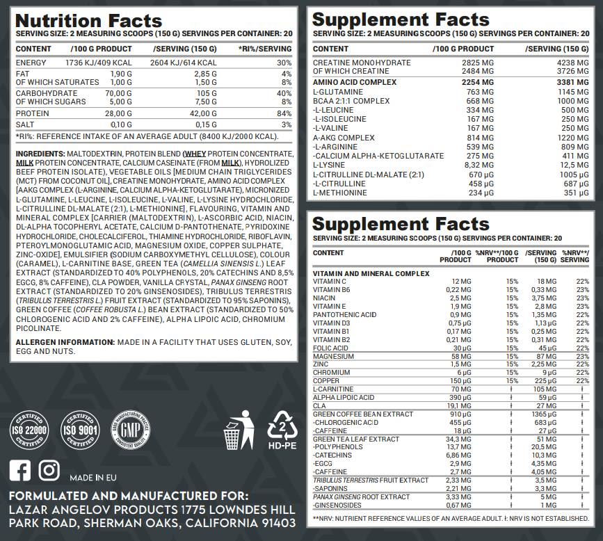 Massiver Gainer | mit Kreatin, Aminosäuren und Vitaminen – 3000 Gramm