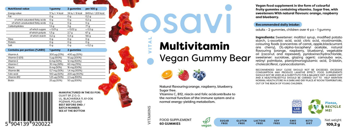 Multivitamin-Vegan-Gummibärchen | Orange, Himbeere, Blaubeere – 60 Gummibonbons