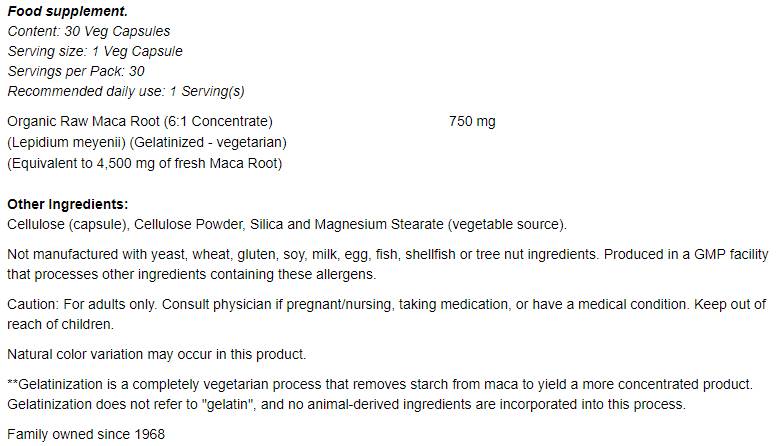 RAW MACA 6: 1 Konzentrat 750 mg - 30 Kapseln