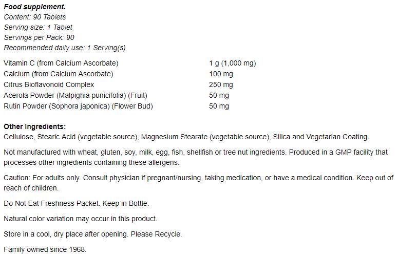 Vitamin C -1000 -Komplex - gepuffert mit 250 mg Bioflavonoiden - 180 Tabletten