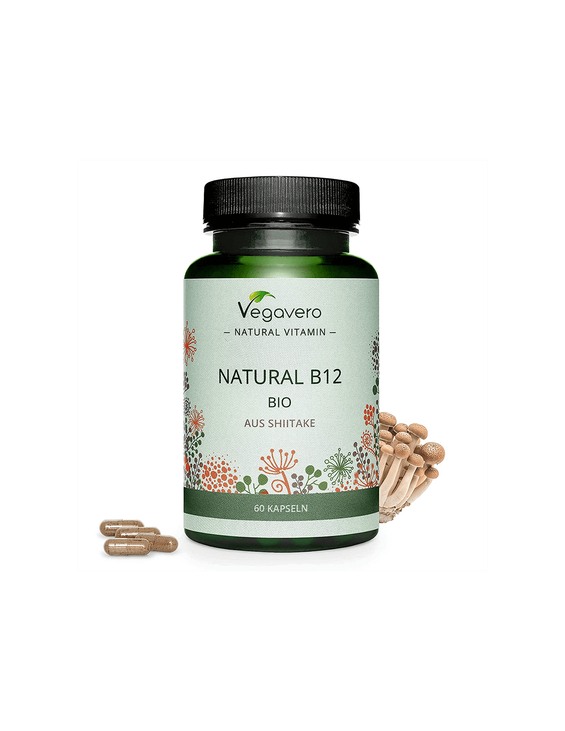 Natürliches Bio-Vitamin B12 aus Shiitake/Vitamin B12 (aus biologisch angebauten Shiitake-Pilzen), 60 Kapseln, 100 % vegan <tc>Vegavero</tc>