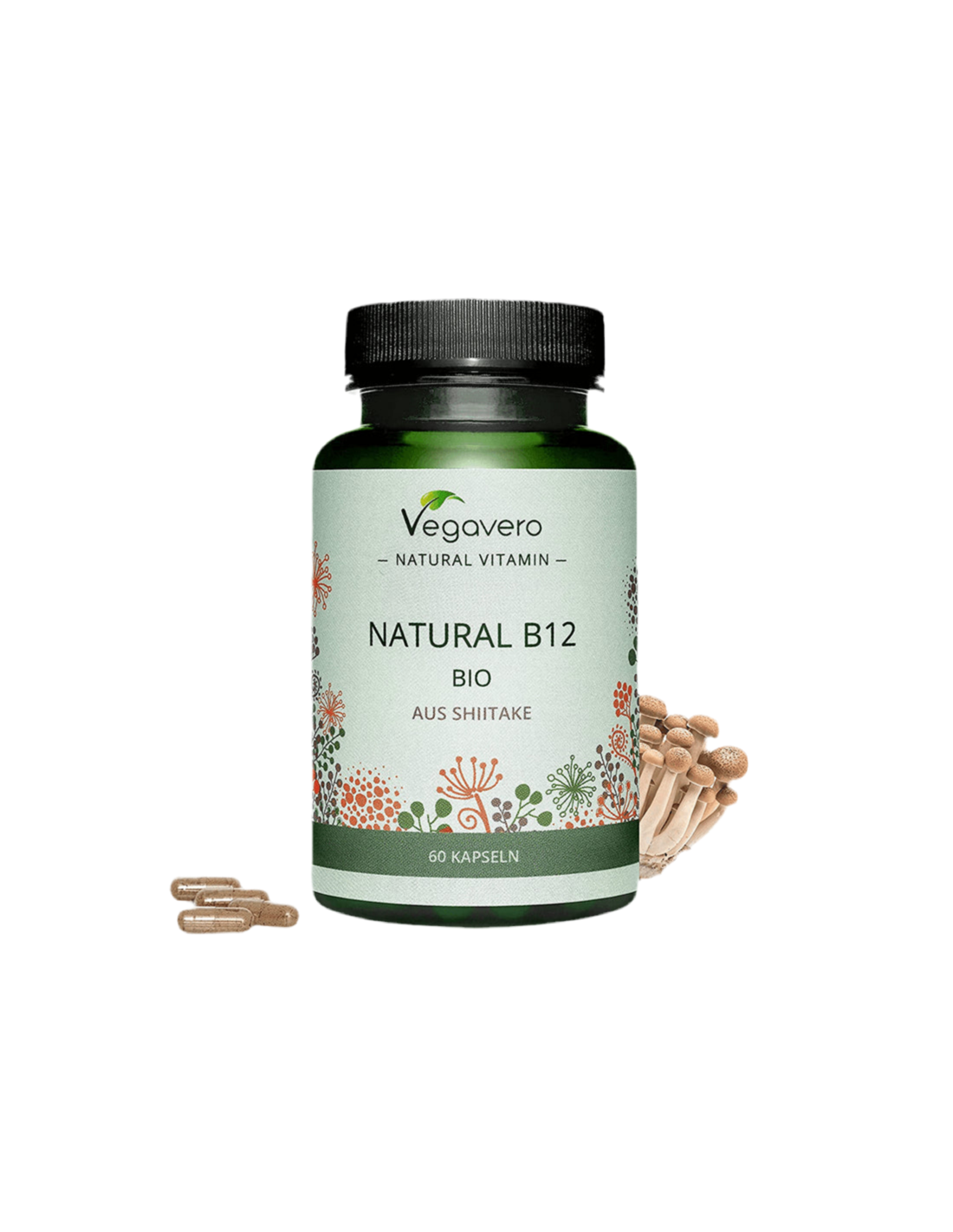 Natürliches Bio-Vitamin B12 aus Shiitake/Vitamin B12 (aus biologisch angebauten Shiitake-Pilzen), 60 Kapseln, 100 % vegan <tc>Vegavero</tc>