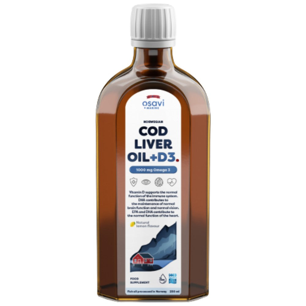 Norwegisches Lebertran + D3 | Flüssiges Omega + D3 mit Zitronengeschmack - 250 ml
