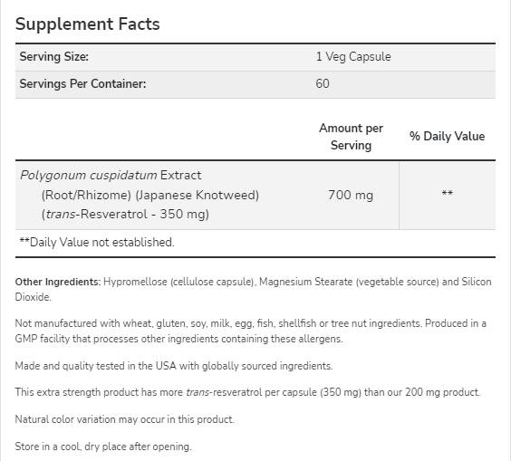 Resveratrol 350 mg | Zusätzliche Stärke - 60 Kapseln