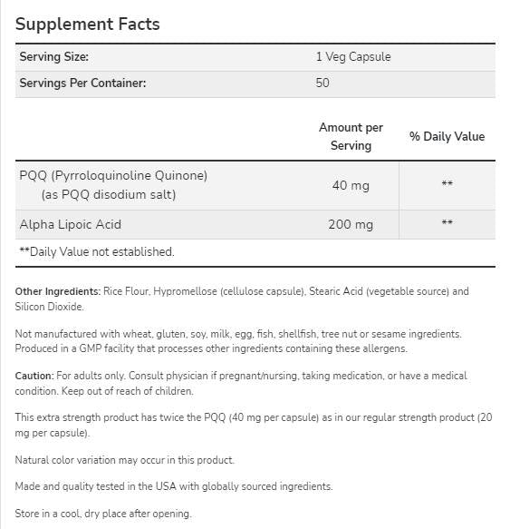 PQQ 40 mg Extrastärke | mit Alpha-Liponsäure 200 mg - 50 Kapseln