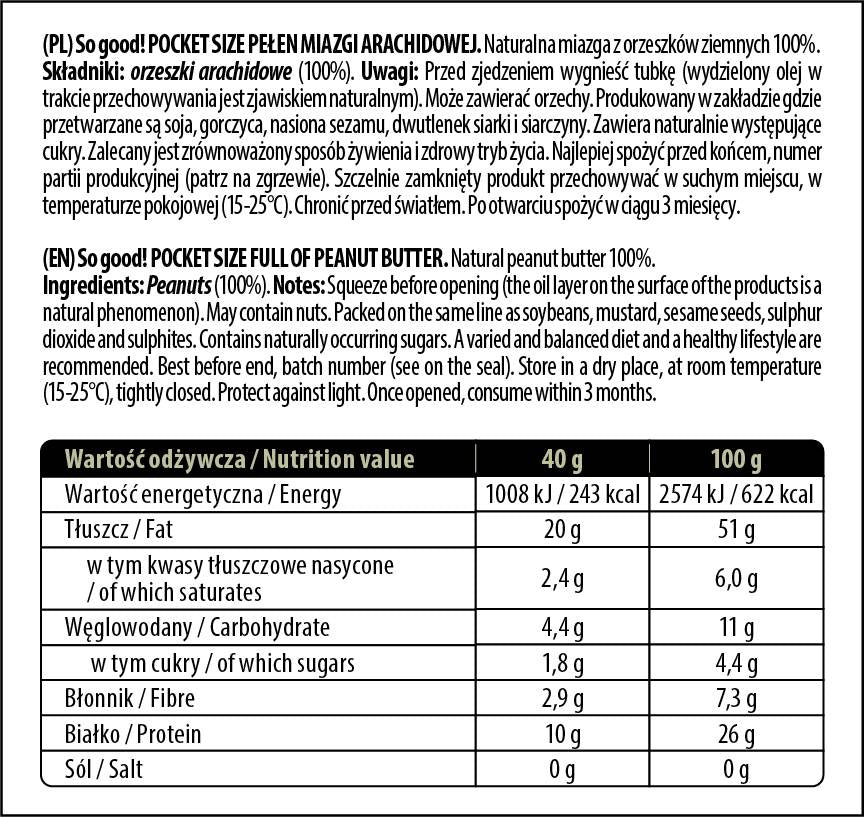 Taschenformat/Voller Erdnussbutterpaste/Glatte 40 Gramm