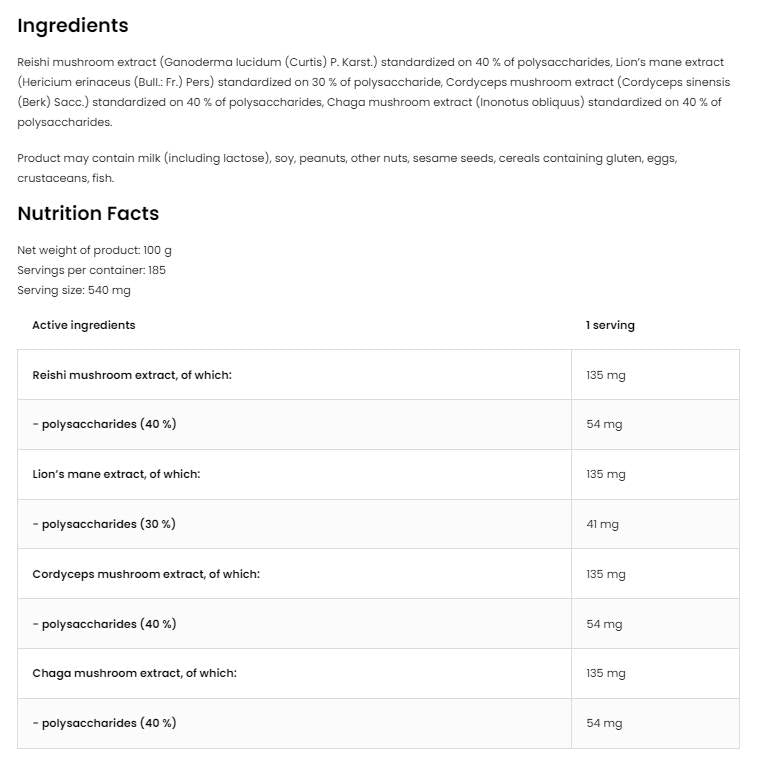 Quatro-Pilzmischungspulver | Löwenmähne ~ Reishi ~ Cordyceps ~ Chaga 100 Gramm