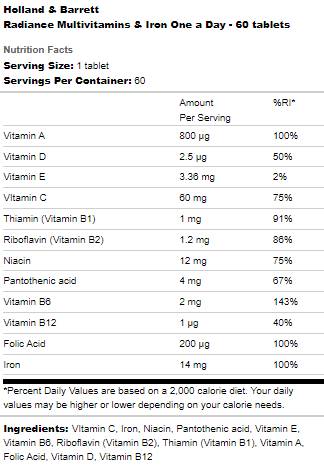 Strahlende Multivitamine und Eisen | Eine pro Tag – 60 Tabletten