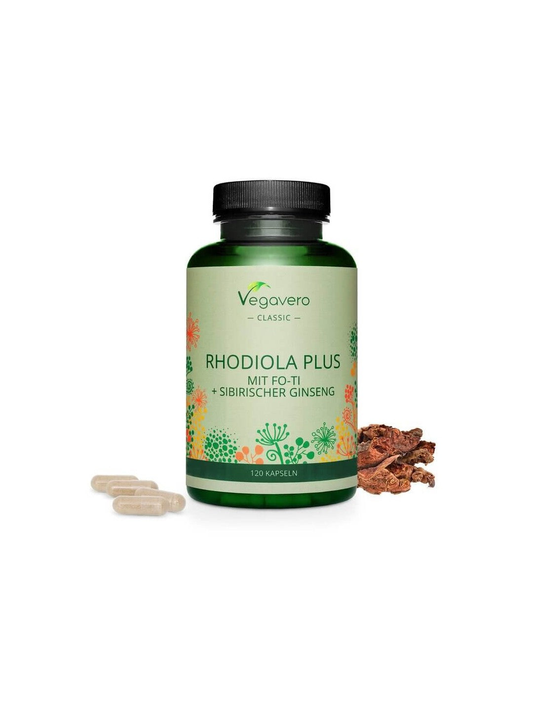 Rhodiola Plus mit Fo-Ti + Sibirischer Ginseng/ Golden root + Fo-ti und Sibirischer Ginseng, 120 Kapseln, 100 % Vegan