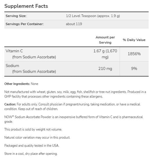 Natriumascorbat-Pulver | Reines, gepuffertes Vitamin C – 227 Gramm