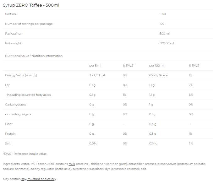 Sirup Zero - Toffee - 500 ml