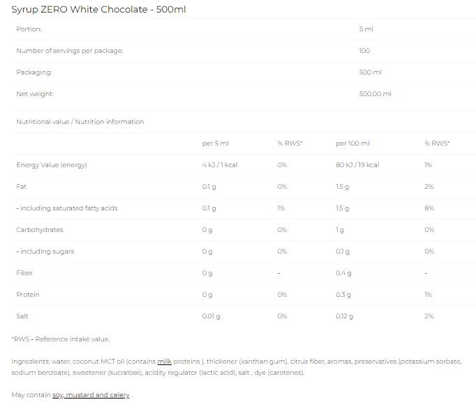 Sirup Zero - Weiße Schokolade - 500 ml