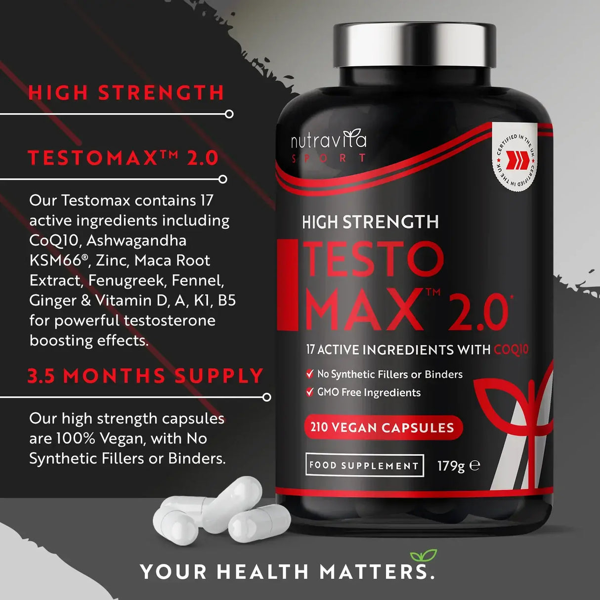 TESTOMAX™ 2.0 /210 Kapseln, 105 Tage/ mit Ashwagandha KSM 66®, CoQ10 und Maca-Wurzel <tc>Nutravita</tc>