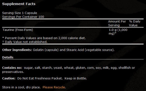 Taurin 1000 mg/Doppelte Stärke – 100 Kapseln