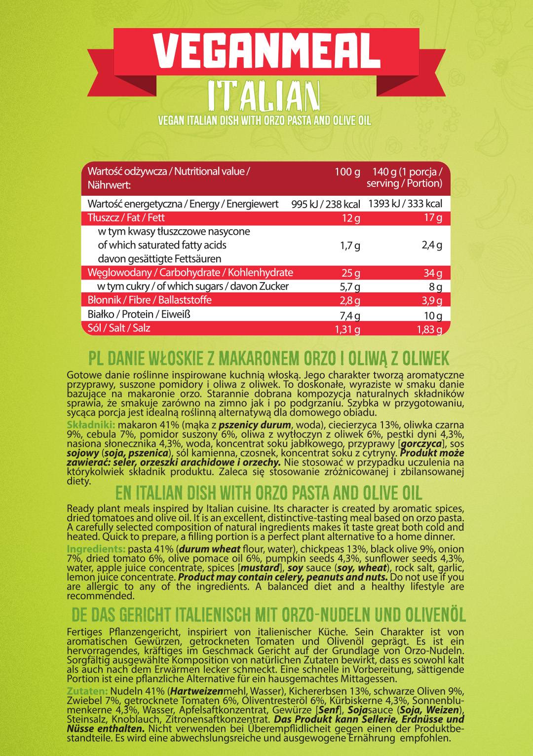Vegane Mahlzeit Italienisch | Verzehrfertige Mahlzeit mit hohem Proteingehalt – 280 Gramm