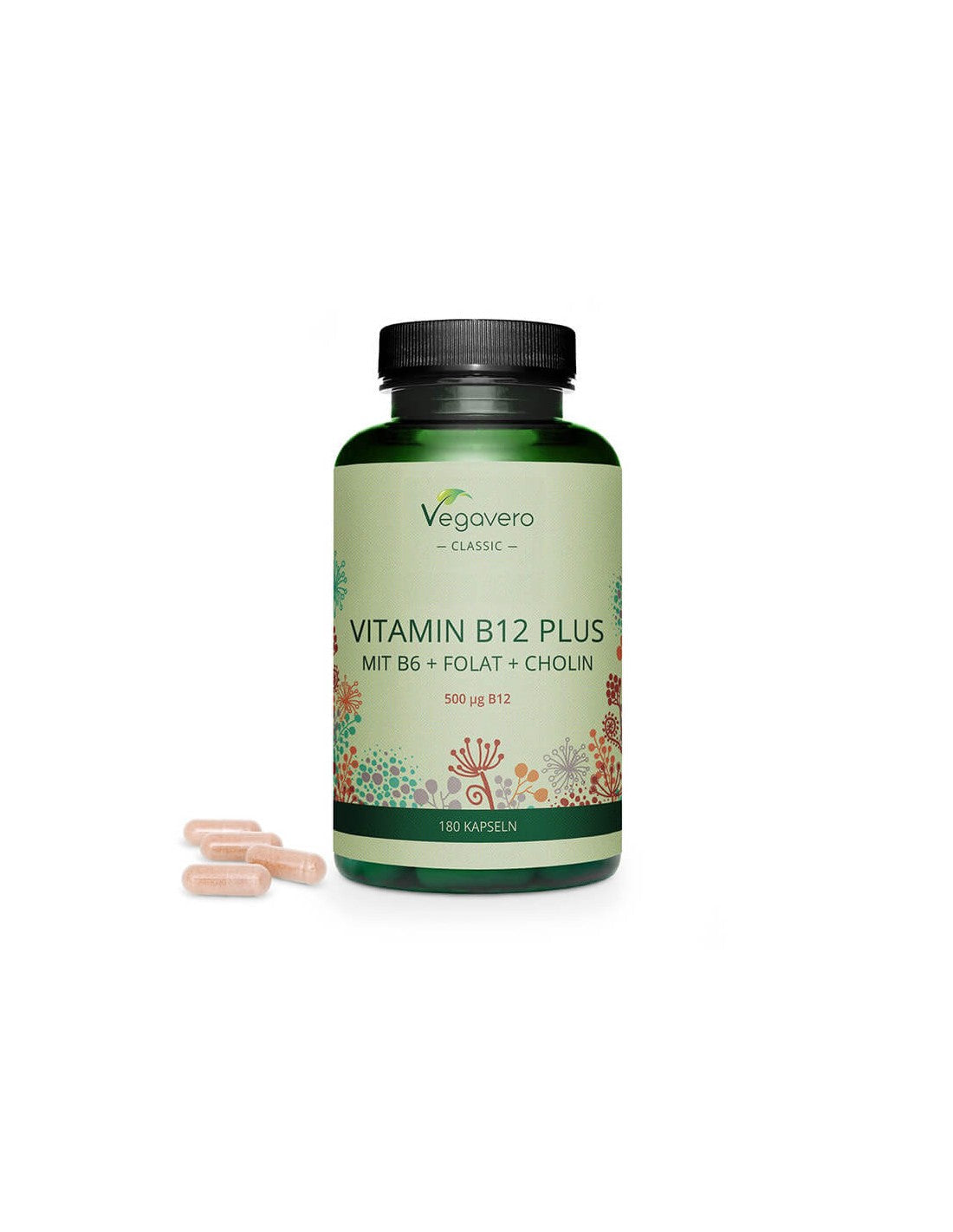 Vitamin B12 Plus (Mit B6+ Folsäure + Cholin) - Vitamin B12 + Vitamin B6, Folsäure und Cholin, 180 Kapseln <tc>Vegavero</tc>
