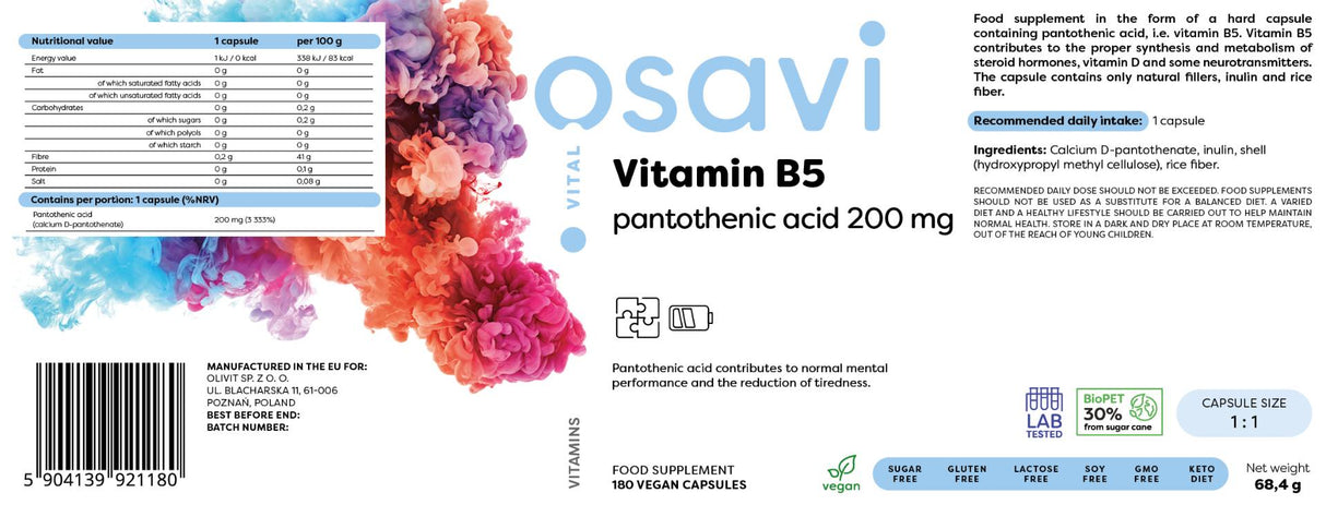 Vitamin B5 | Pantothensäure 200 mg – 180 Kapseln