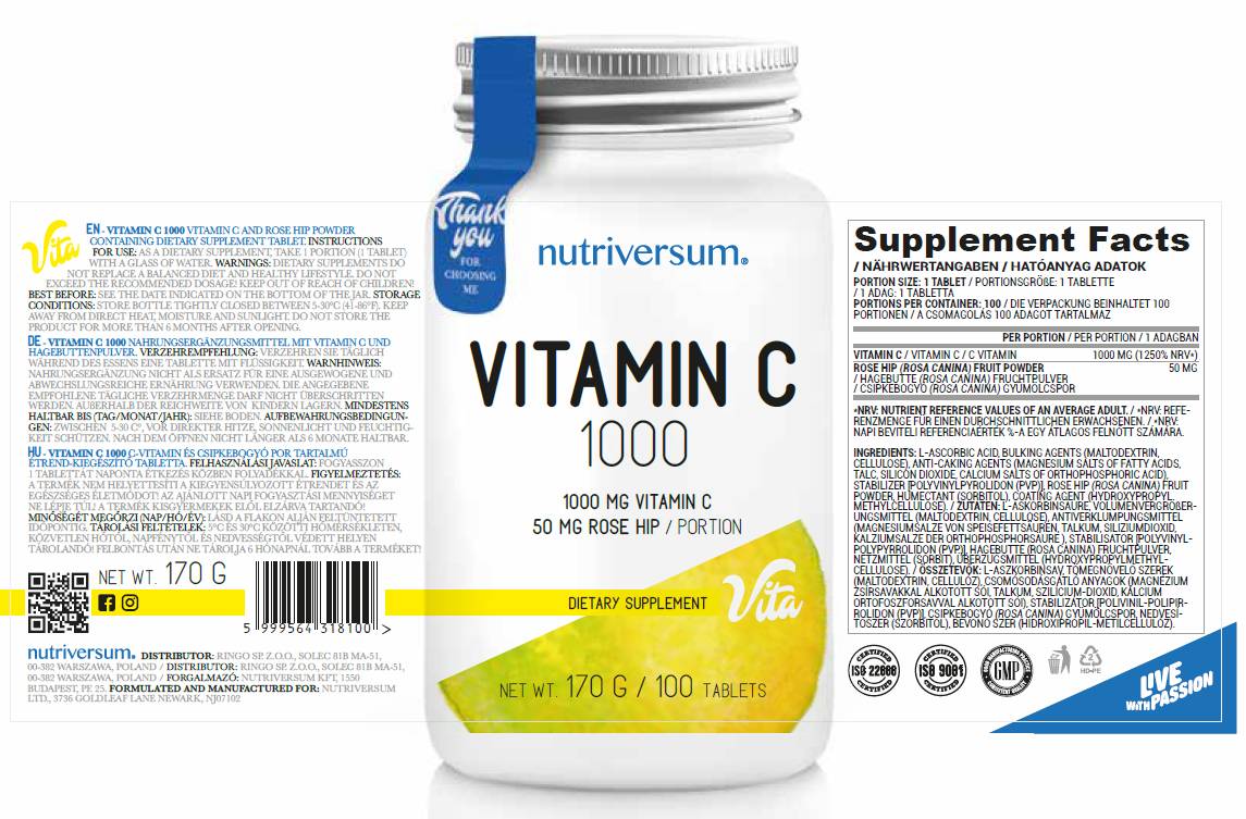 Vitamin C 1000 | mit Hagebutten - 100 Tabletten