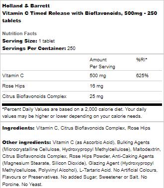 Vitamin C mit zeitgesteuerter Freisetzung 500 mg | Mit Bioflavonoiden – 250 Tabletten