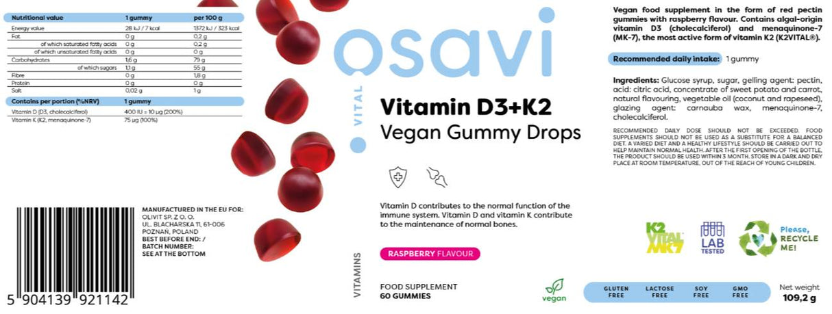 Vitamin D3 400 IE + K2 75 µg | Vegane Gummibonbons – 60 Bonbons