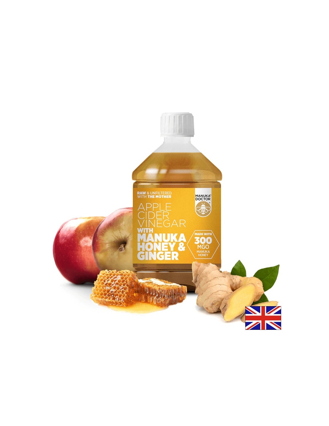 Apfelessig + Honig aus Manuka und Ingwer - Apfelessig mit Manuka Honig & Ingwer (300 mgo), 500 ml