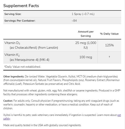 Vitamin D-3 1000 IU & K-2 100 MCG | Liposomalspray - 59 ml