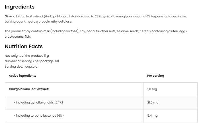 Ginkgo Biloba 90 mg / Gemüse - 60 Kapseln