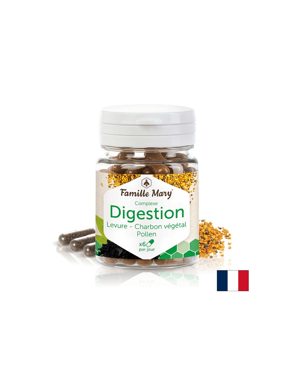 Verdauung Pollen, Levure, Charbon -Komplex für eine gute Verdauung mit Brewer Hefe, Activated Carbon und Pollen, 60 Famille Mary Capsules
