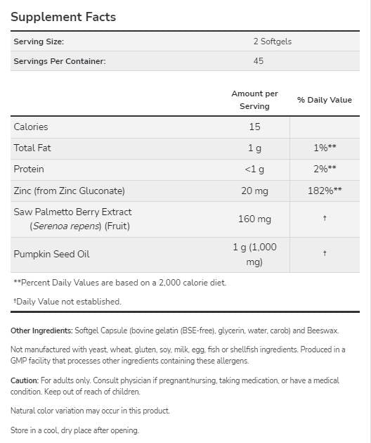 Saw Palmetto Extract | with Pumpkin Seed Oil and Zinc - 90 Гел капсули - Feel You