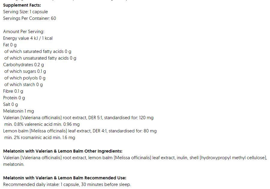 Melatonin mit Balerian & Lemon Balm - 60 Kapseln