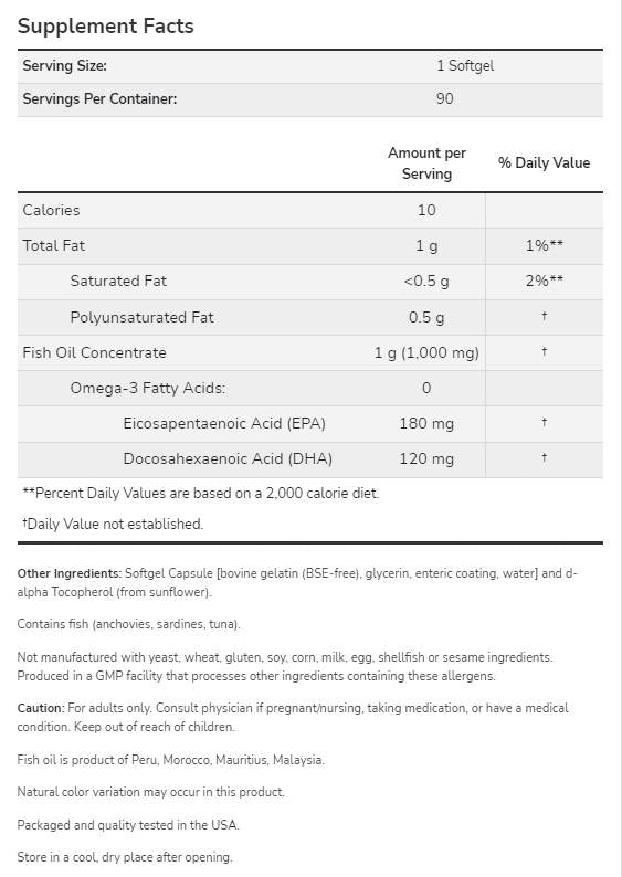 Omega -3 Enteric Coated - 180 Softgels
