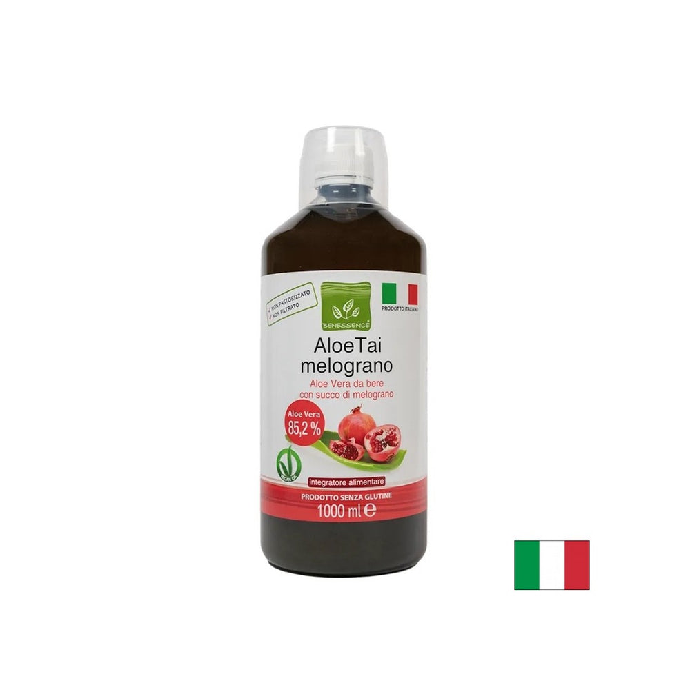 Aloe Vera (Blattsaft und Zellstoff) + Granatapfelsaft - Immunität, Verdauung, Antioxidationsschutz. 1 Liter, 20 Dosen